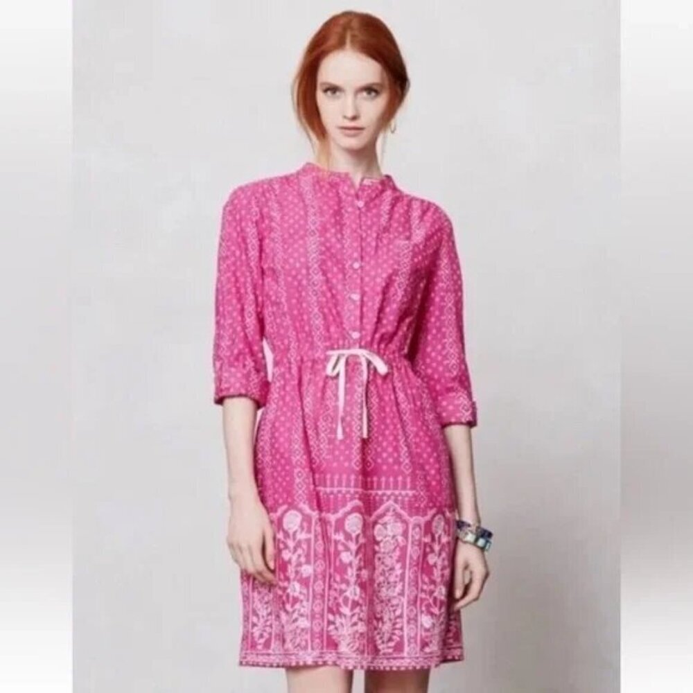 Anthropologie Meadow Rue Pink‎ White Floral Anila Tie Waist Dress